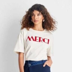 Future Collective Women's Off White Merci Graphic T Shirt Size S New With Tags